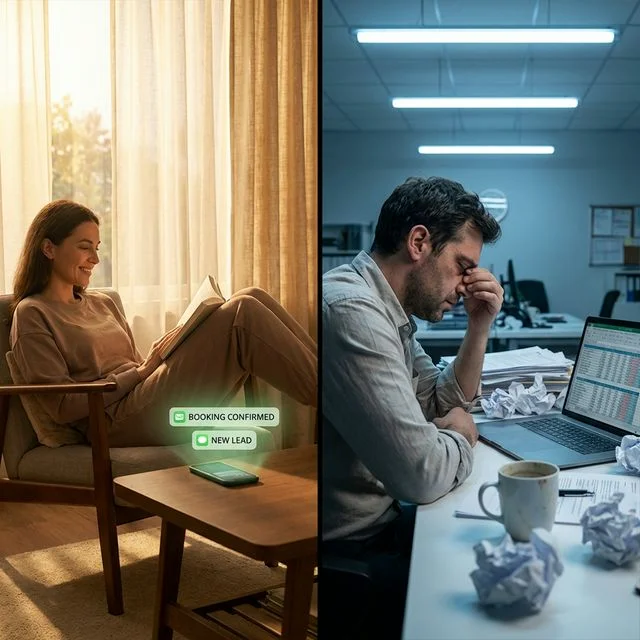 Comparison of a chaotic Tuesday versus an automated real estate agency