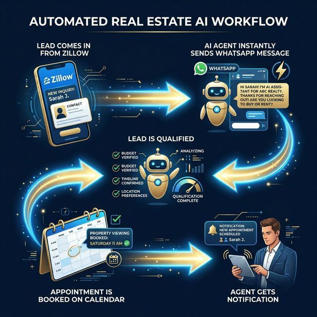 AI for real estate agents workflow — Zillow lead to WhatsApp AI agent to booked showing on calendar